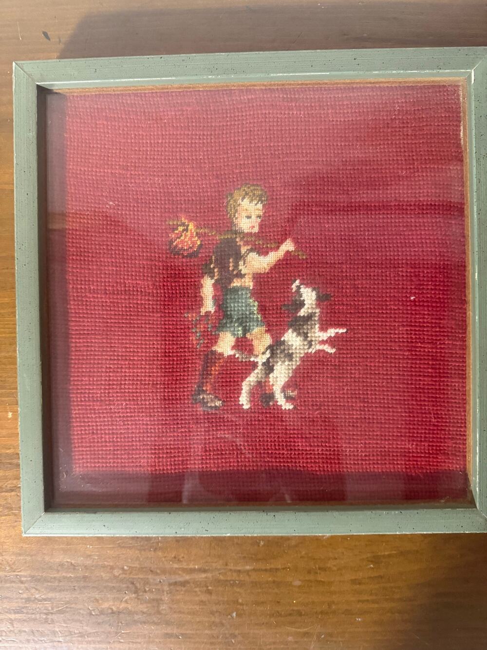 Vintage Framed Needlepoint Young Boy w Bundle on a Stick and Dog 12" Frame
